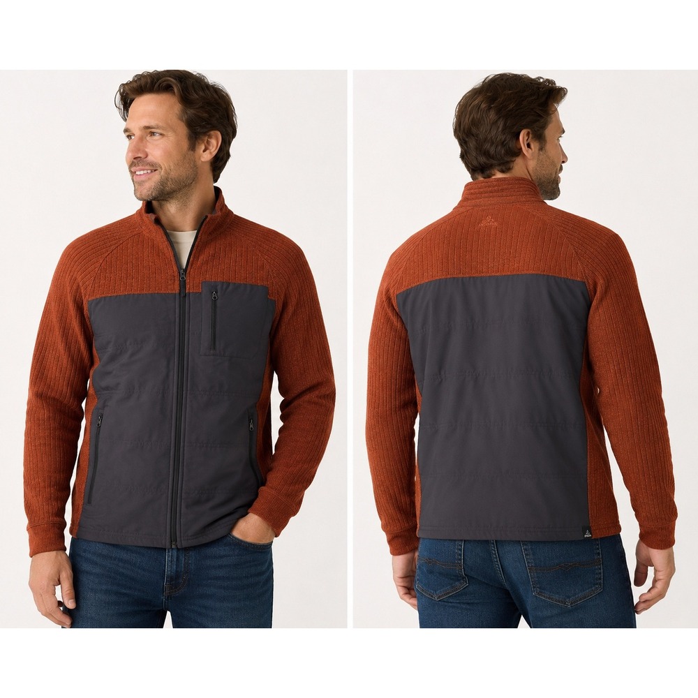 prAna Apperson Hybrid Jacket Mens L Rust  Charcoal‎ Wool Blend Full Zip Sweater